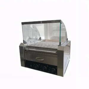 Asador de salchichas 11 rodillos con vidrio y gaveta