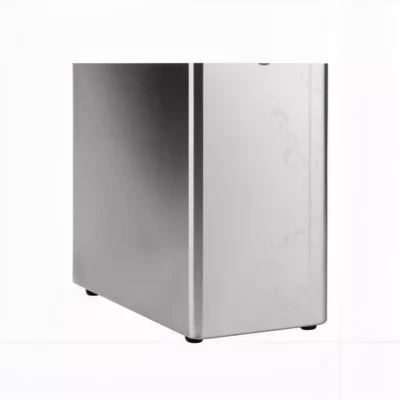 metal computer tower on white background